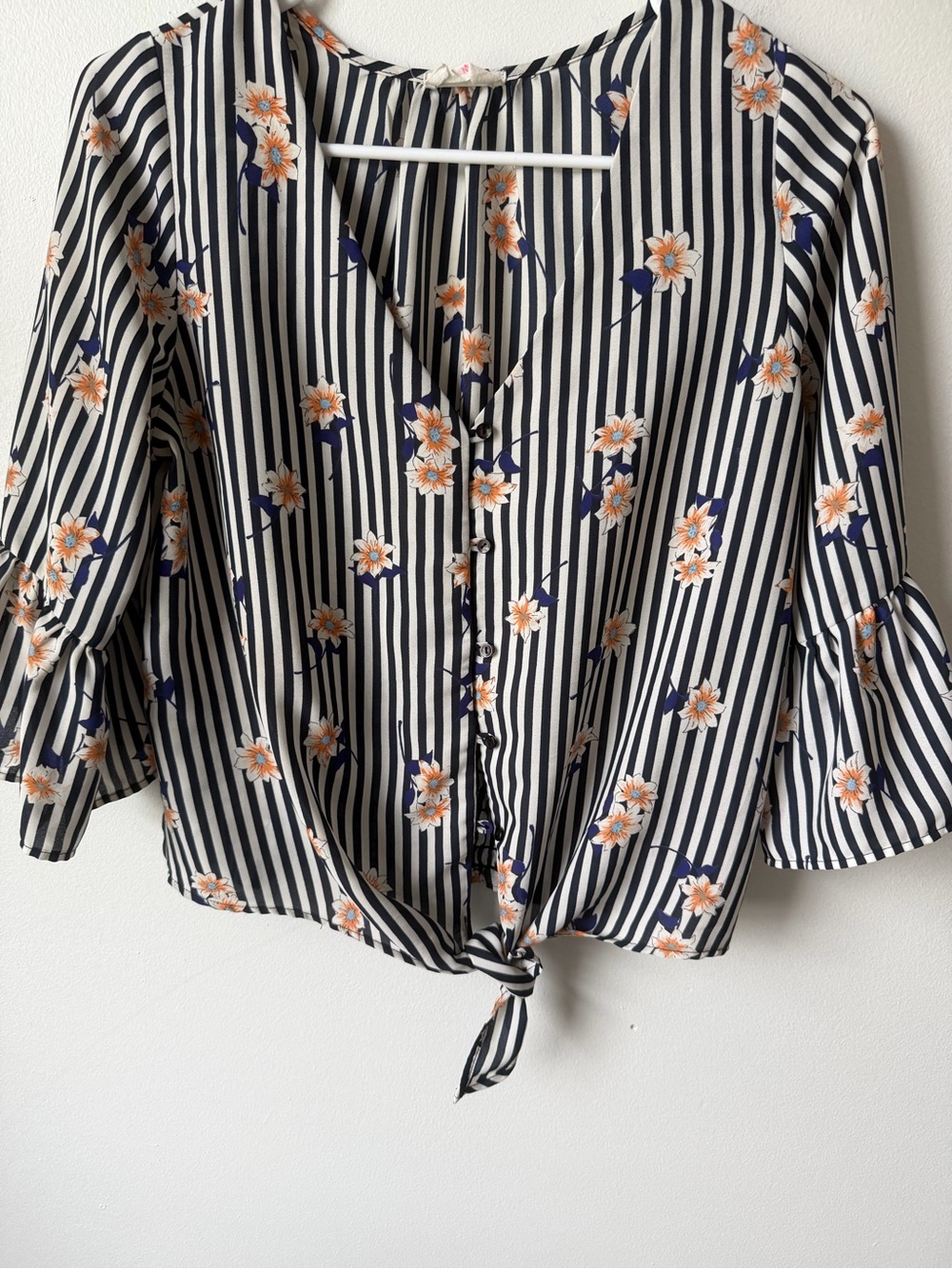 Sienna Sky Navy & White Striped Floral Tie-Front Blouse SZ M